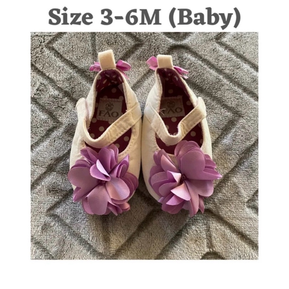 FAO Mary Jane White Purple Flower Bow Baby Shoes Size 3-6 Months